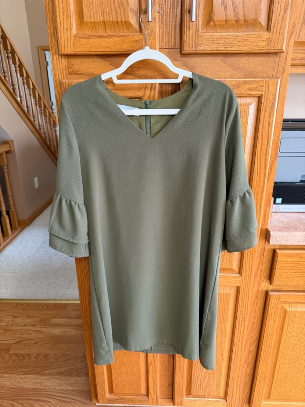 Olive Green V-Neck Ruffle Sleeve Tunic